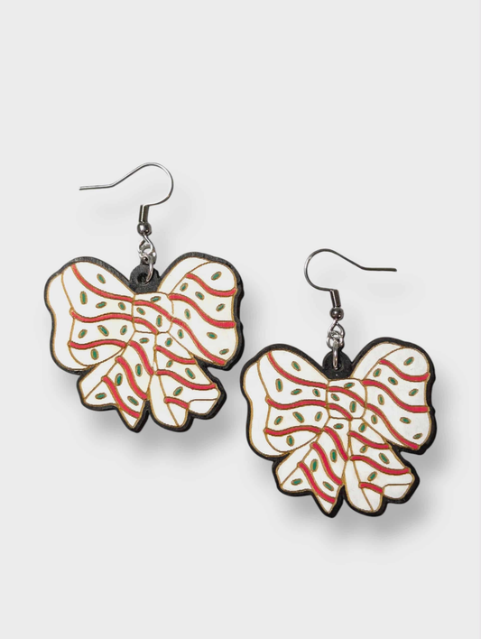 Christmas Tree Cake Bow Hand Painted Wood Earrings
