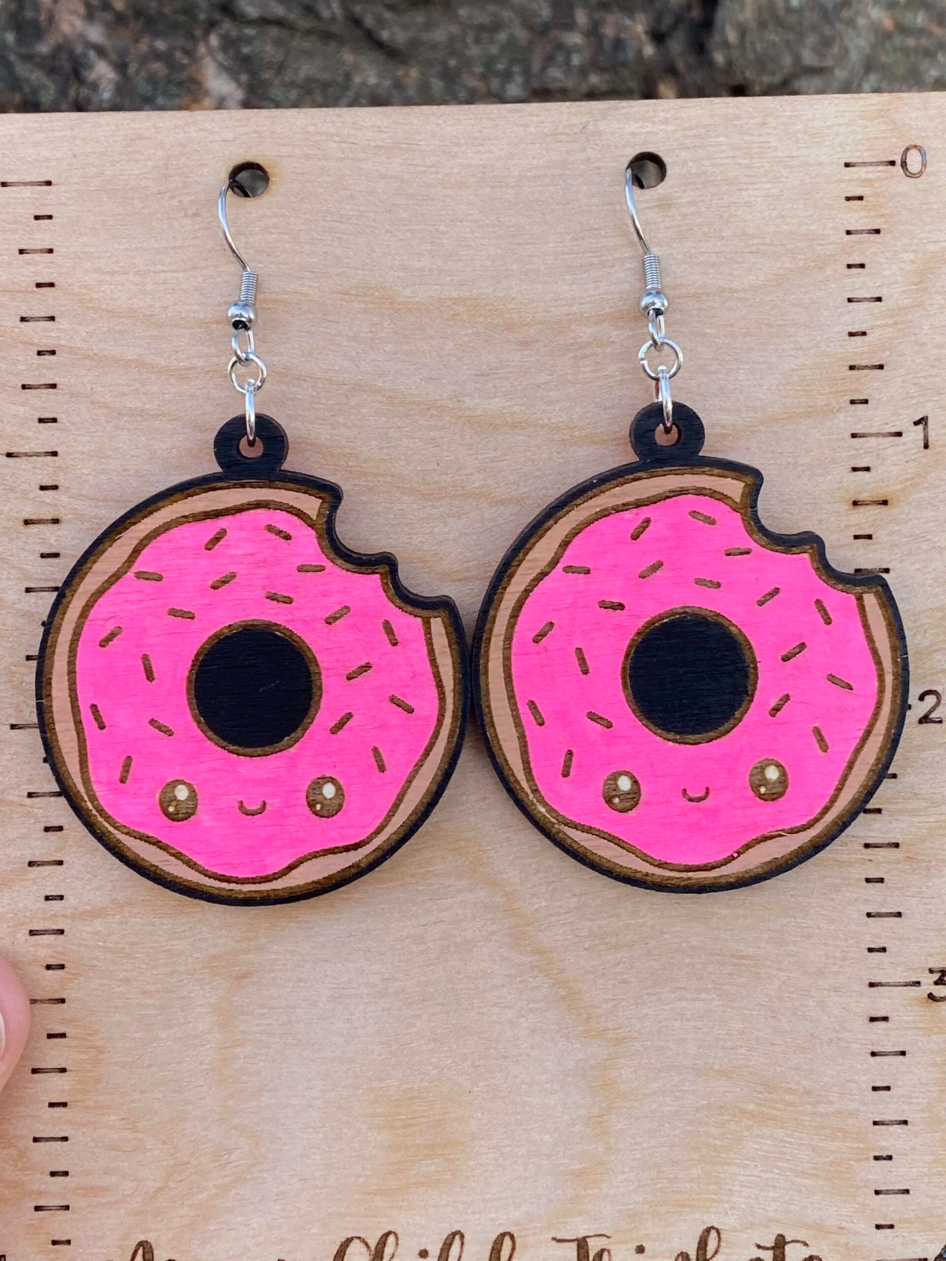 Donut Kawaii Hand Painted Wood Dangle Earrings image 0