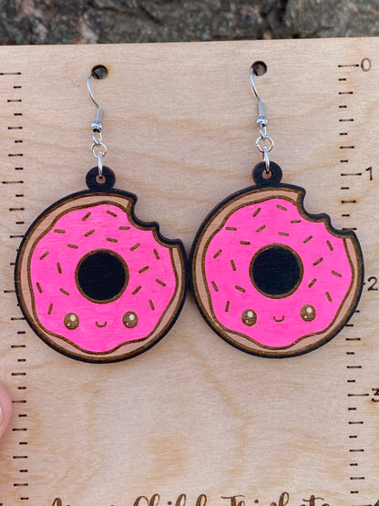 Donut Kawaii Hand Painted Wood Dangle Earrings image 0