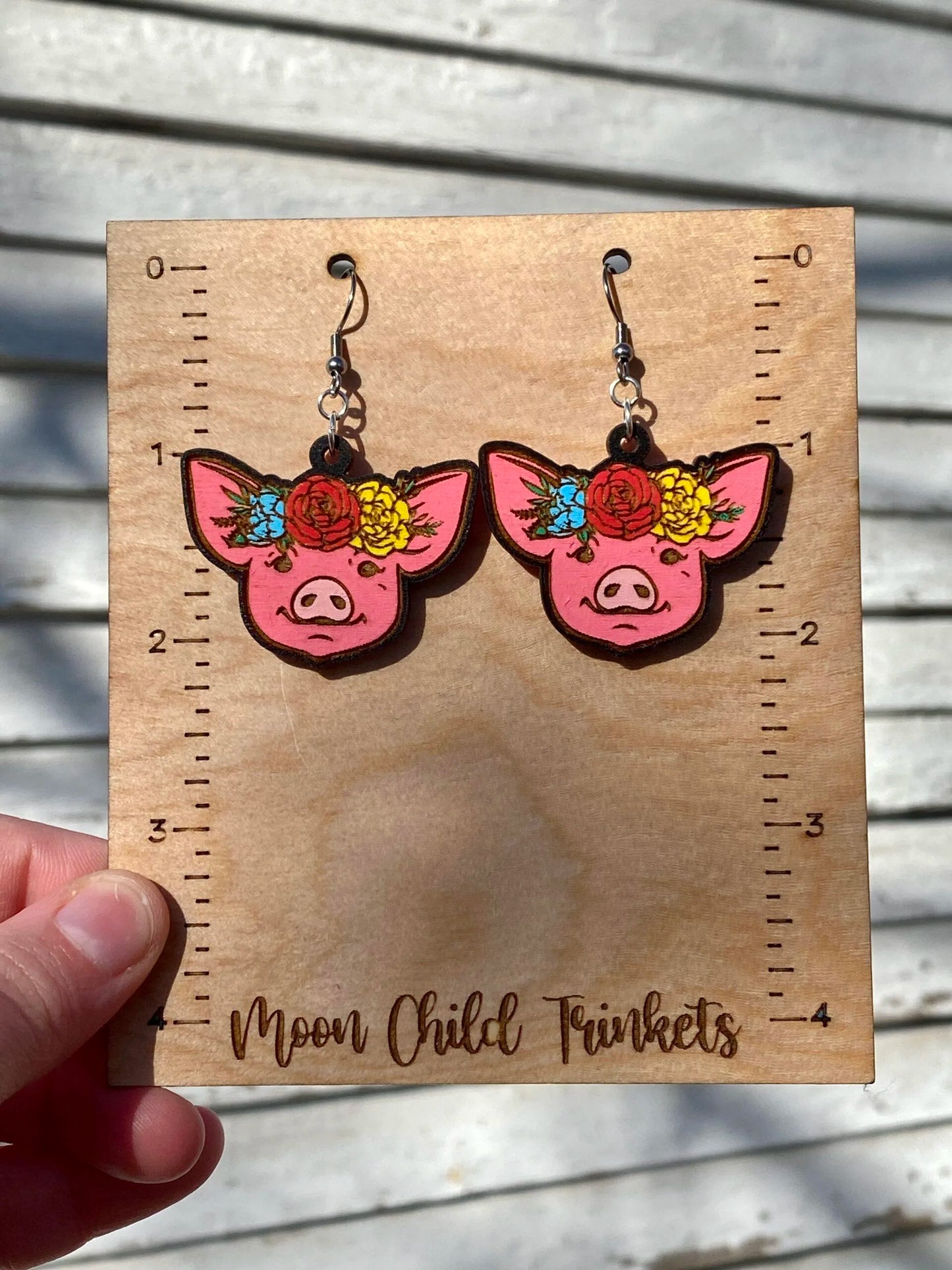 Floral Pig Hand Painted Wood Dangle Earrings image 4