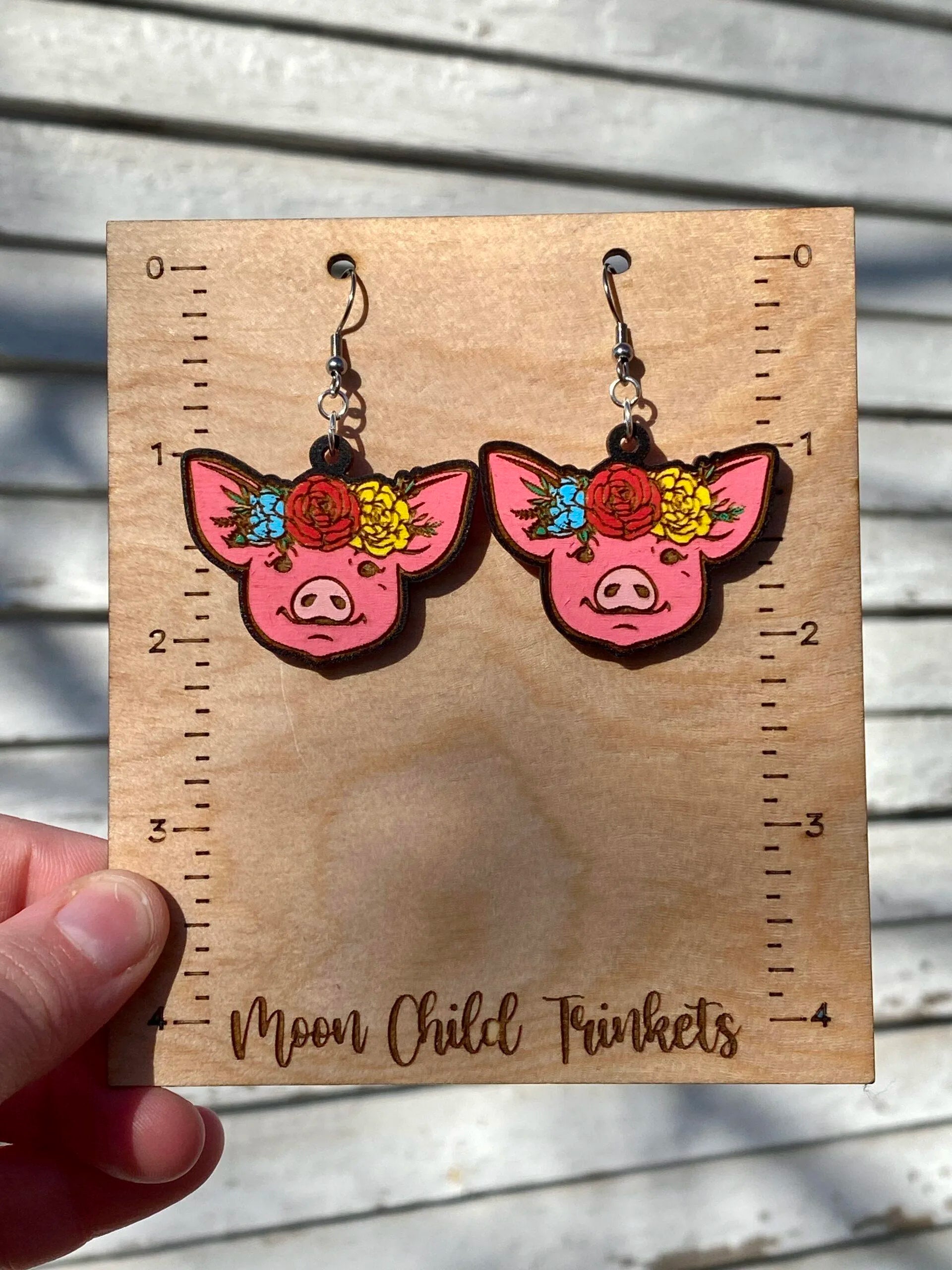 Floral Pig Hand Painted Wood Dangle Earrings image 4