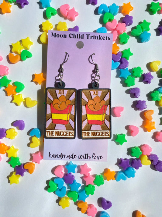 Chicken Nugget Tarot Card Hand Painted Wood Dangle Earrings image 0