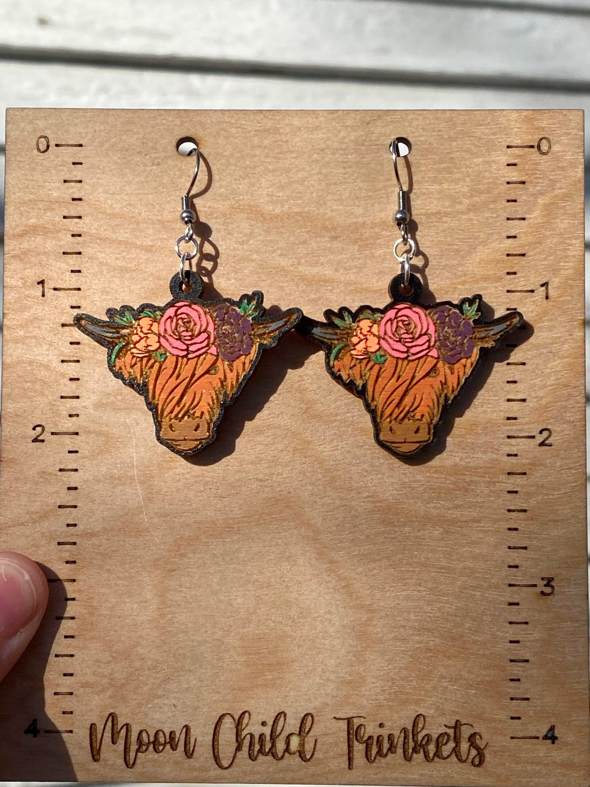 Floral Highland Cow Hand Painted Wood Dangle Earrings image 1