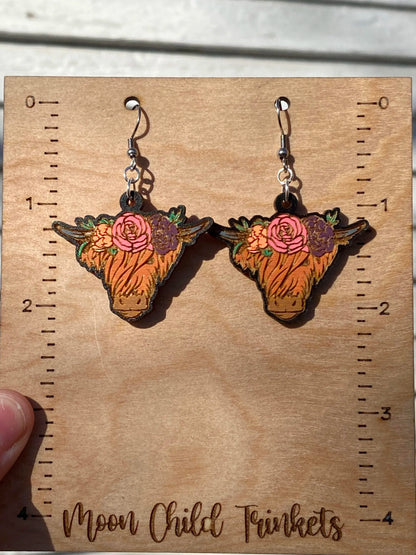 Floral Highland Cow Hand Painted Wood Dangle Earrings image 1