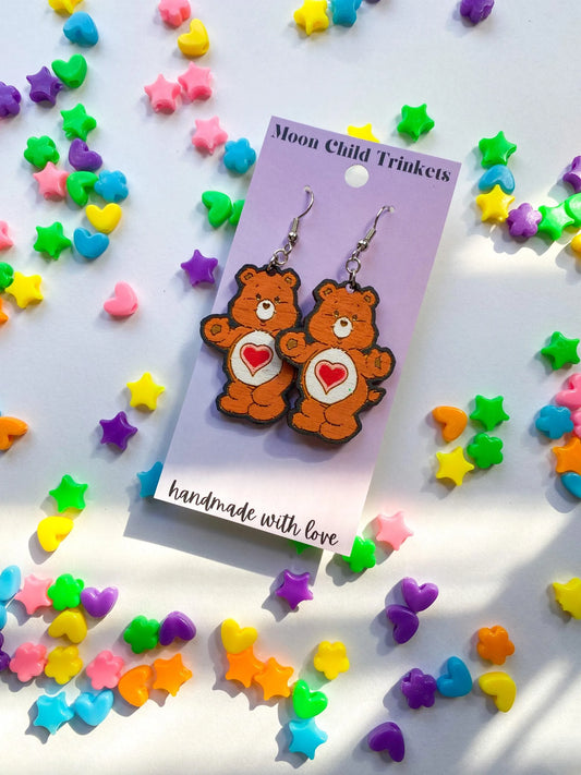 Tenderheart Care Bear Hand Painted Wood Dangle Earrings image 0