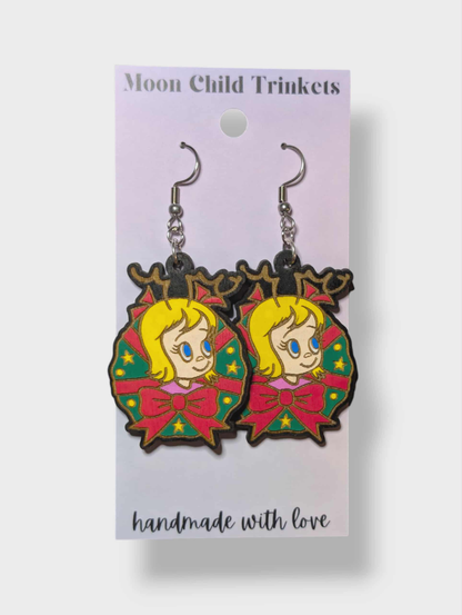 Cindy Lou Who Retro Grinch Hand Painted Dangle Earrings
