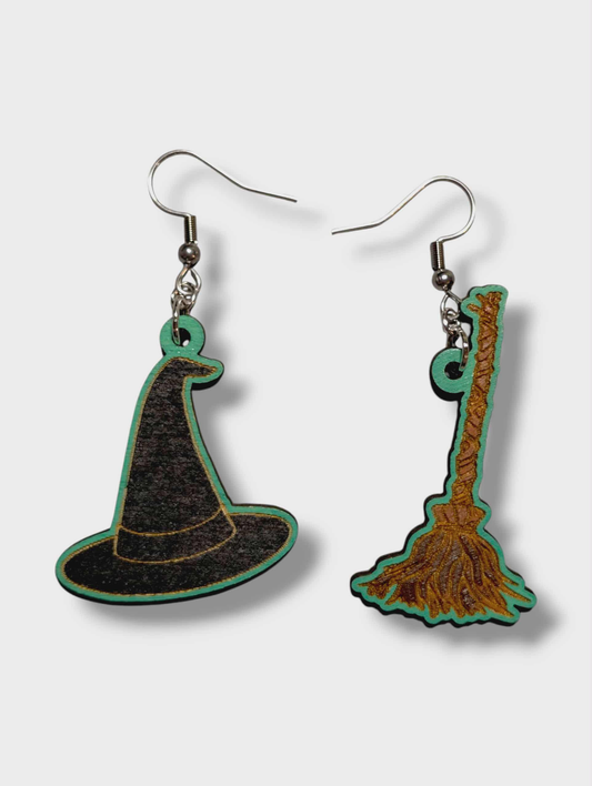 Wicked Elphaba Hat and Broom Hand Painted Wood Earrings