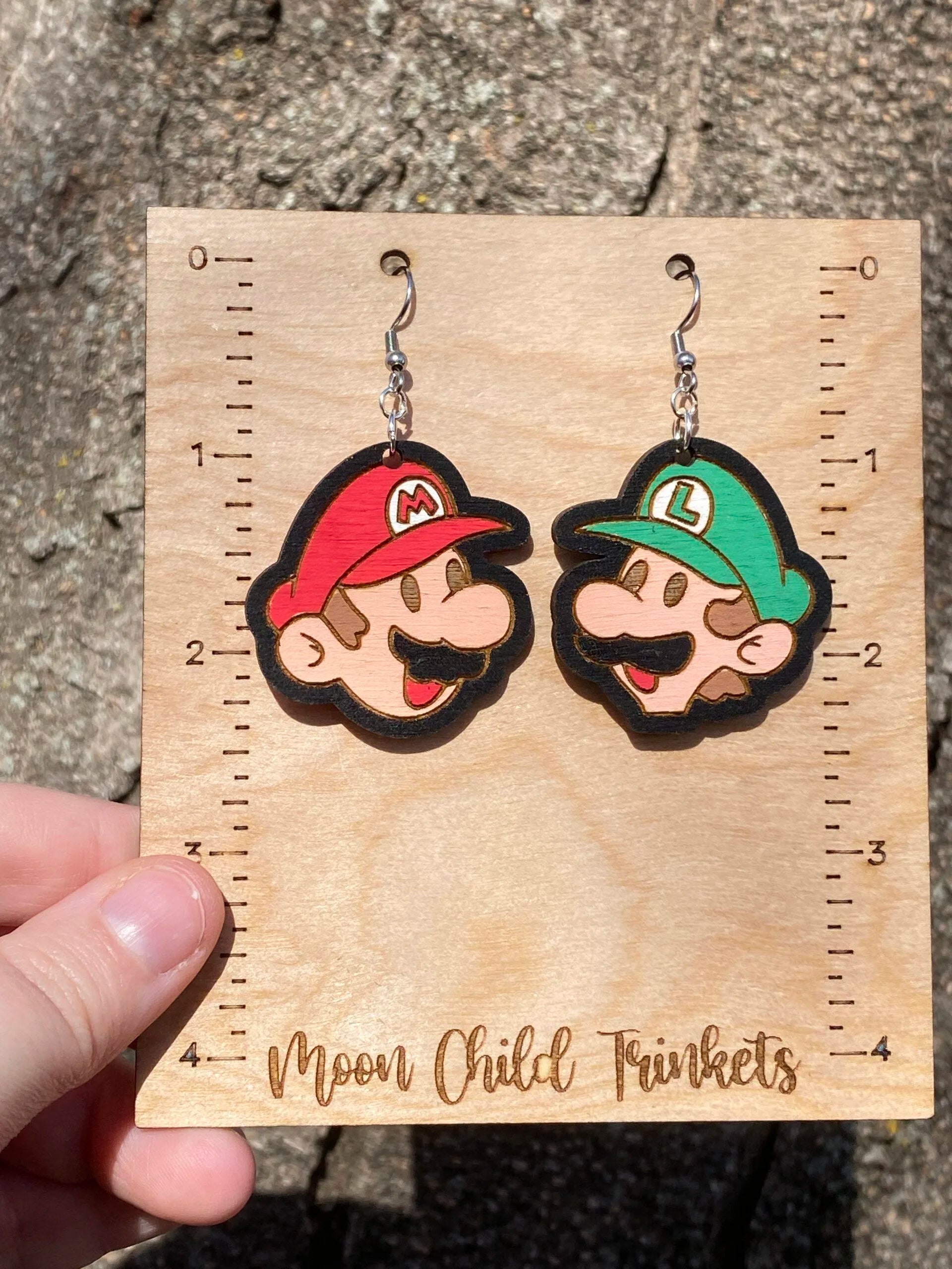 Mario and Luigi Hand Painted Wood Dangle Earrings image 1