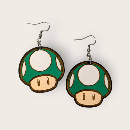 Super Mario Bros 1-UP Green Mushroom Power Up Hand Painted Wood Dangle Earrings
