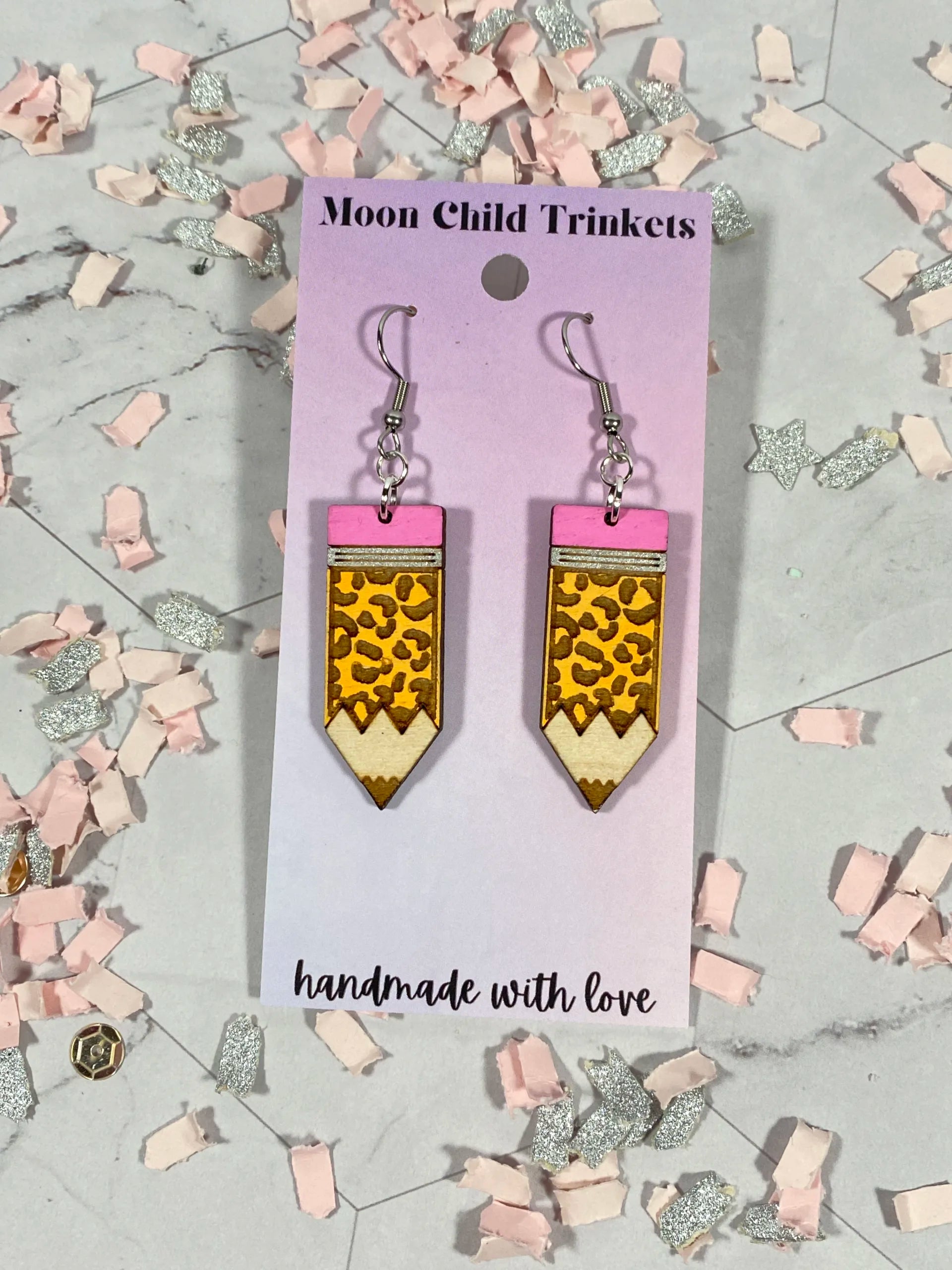 Cheetah Print Pencil Hand Painted Wood Dangle Earrings image 1