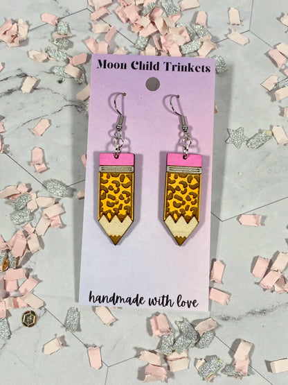 Cheetah Print Pencil Hand Painted Wood Dangle Earrings image 1