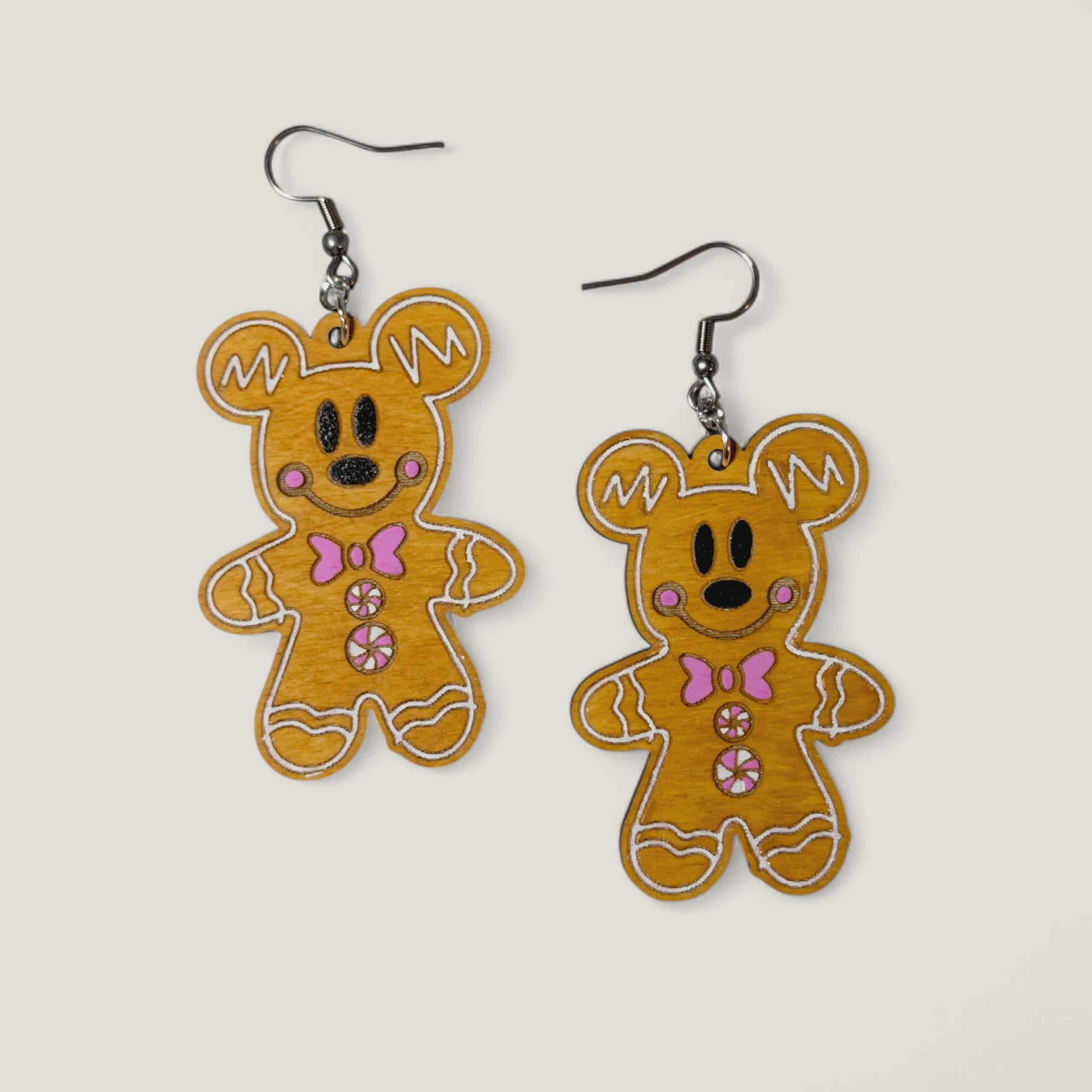 Mickey and Minnie Gingerbread Hand Painted Wood Earrings