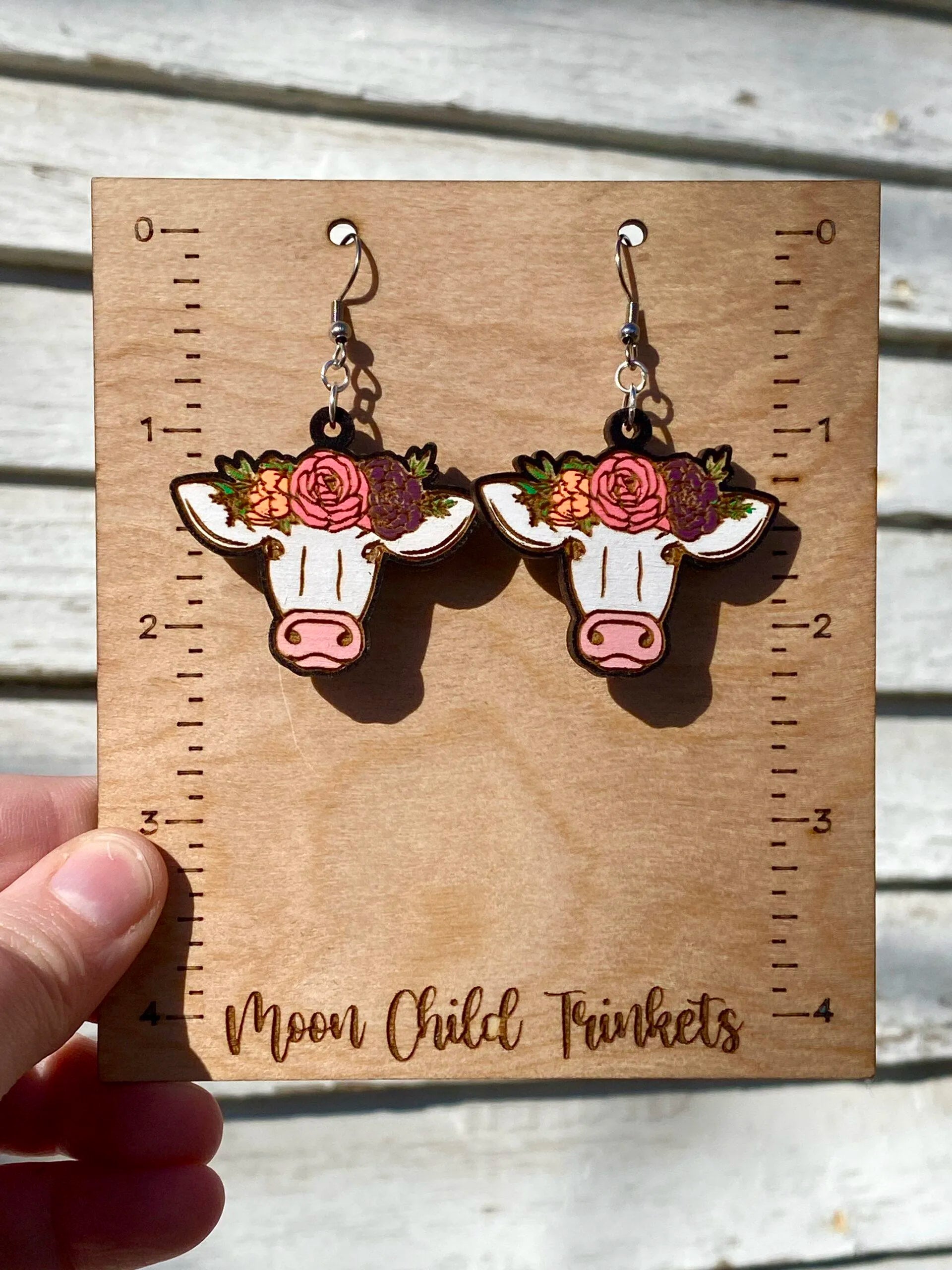 Floral Cow Hand Painted Wood Dangle Earrings image 1