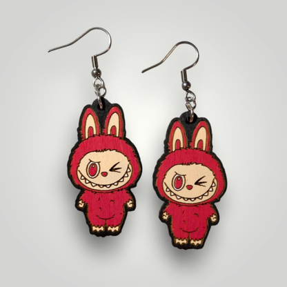 Labubu Monster Wink Hand Painted Wood Earrings
