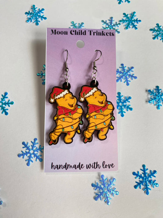 Santa Pooh Bear Hand Painted Wood Earrings image 0