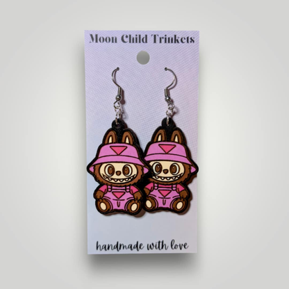 Labubu in Overalls Hand Painted Wood Earrings
