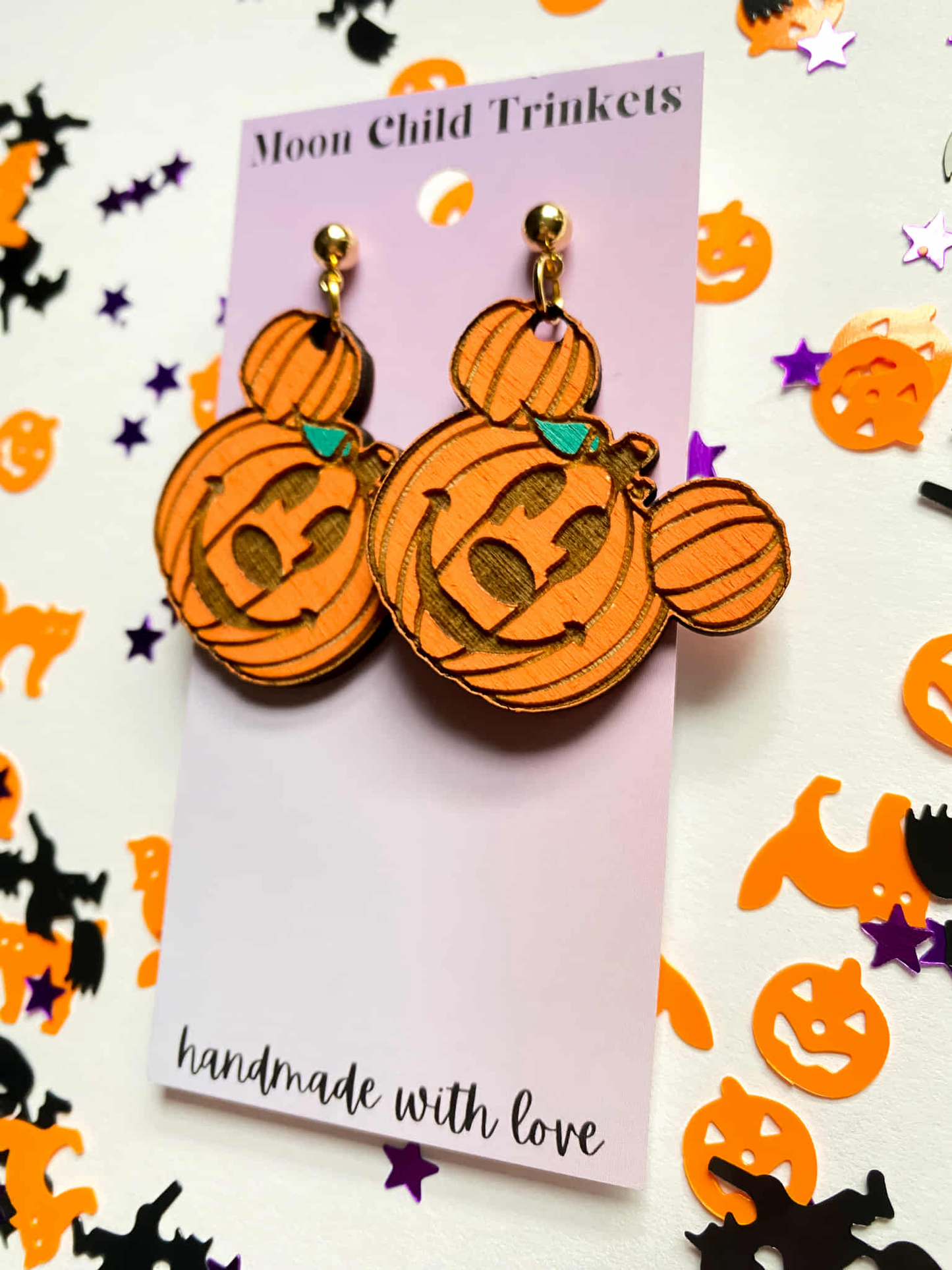Mickey Mouse Pumpkin Halloween Hand Painted Wood Dangle Earrings