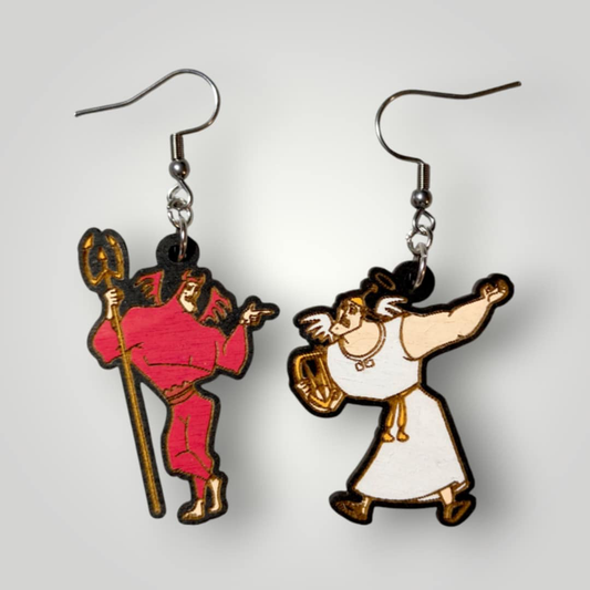 Angel and Devil Kronk Emperor’s New Groove Hand Painted Wood Earrings