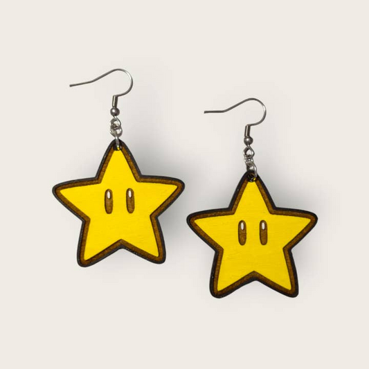 Super Mario Bros Super Star Hand Painted Wood Dangle Earrings