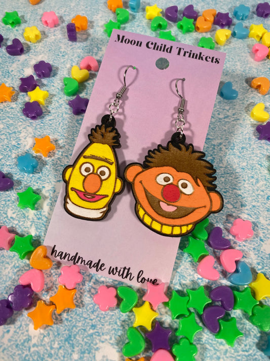 Bert and Ernie Hand Painted Wood Dangle Earrings - Sesame Street Collection image 0
