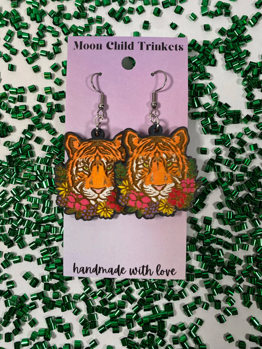 Bengal Tiger Hand Painted Wood Dangle Earrings image 0