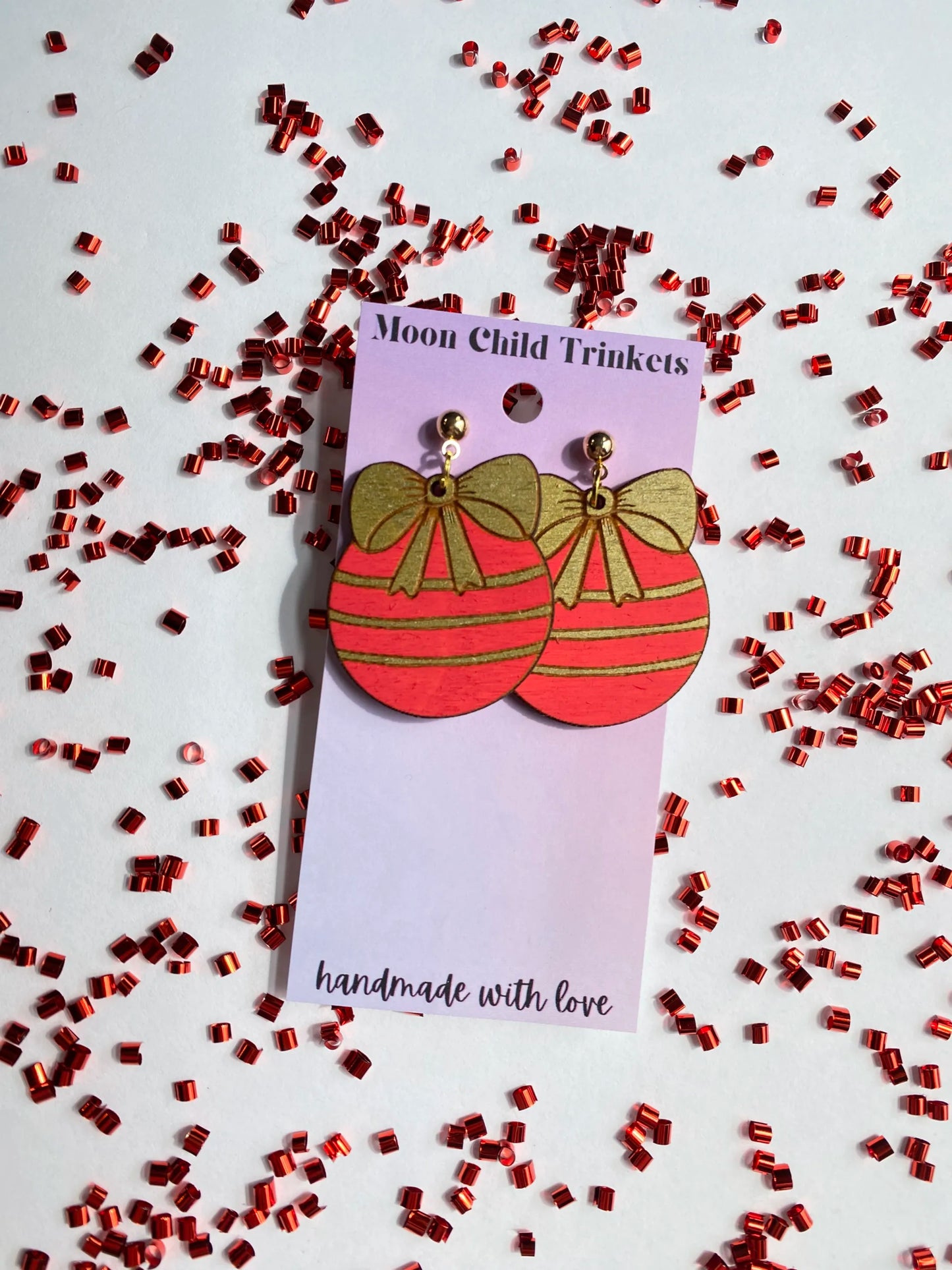 Red & Gold Ornament Hand Painted Wood Earrings image 1