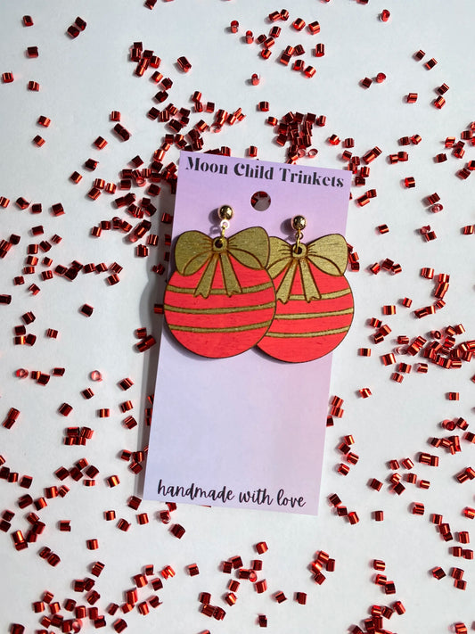 Red & Gold Ornament Hand Painted Wood Earrings image 1