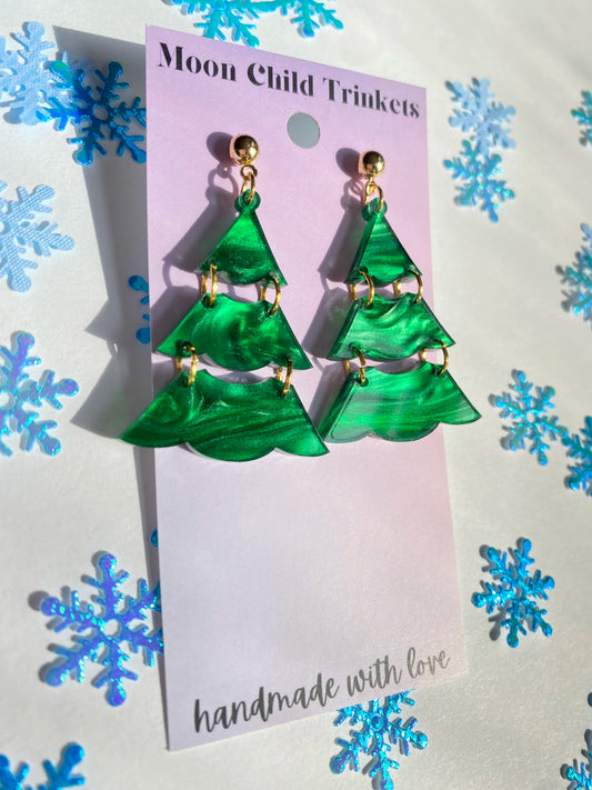 Green Pearl Christmas Tree Dangle Acrylic Earrings *LIMITED EDITION* image 0