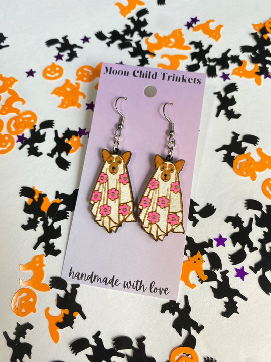 Ghost Dog Pointy Ears Hand Painted Wood Dangle Earrings image 0