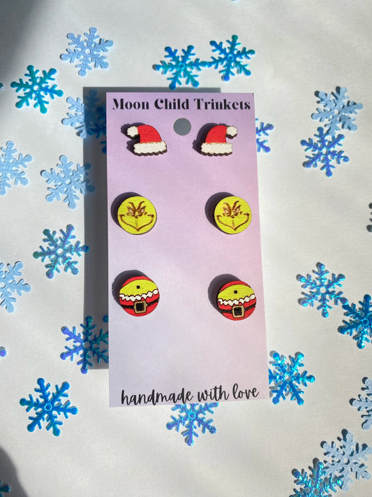 The Grinch Stud 3 Pair Bundle Wood Hand Painted Earrings image 0