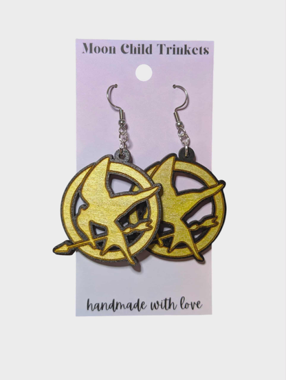 Mockingjay Hunger Games Hand Painted Wood Earrings