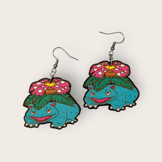 Venusaur Pokemon Hand Painted Wood Dangle Earrings
