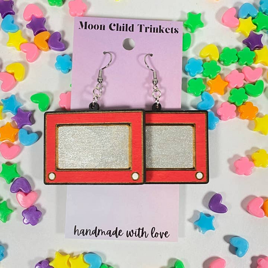 Etch A Sketch Toy Hand Painted Wood Dangle Earrings