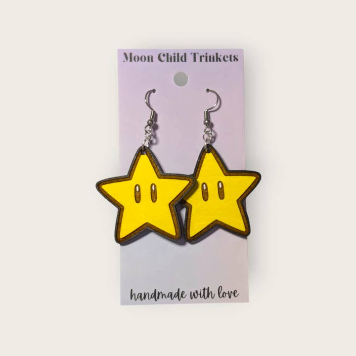 Super Mario Bros Super Star Hand Painted Wood Dangle Earrings