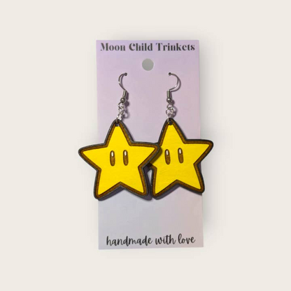 Super Mario Bros Super Star Hand Painted Wood Dangle Earrings