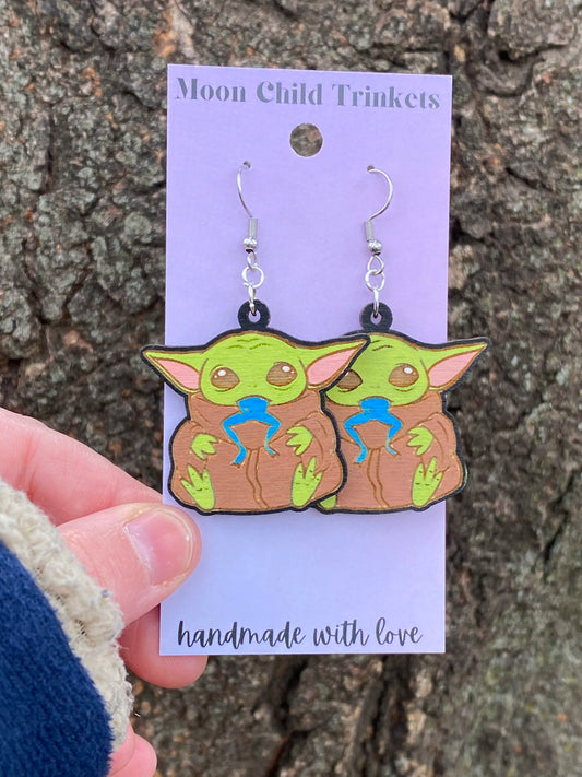 Baby Yoda Star Wars Hand Painted Wood Dangle Earrings image 0