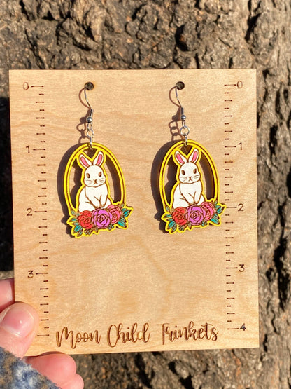 Easter Bunny Basket Hand Painted Wood Dangle Earrings image 1