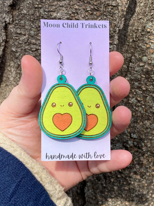 Avocado Kawaii Hand Painted Wood Dangle Earrings image 0
