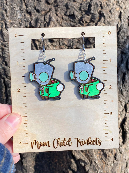 Invader Zim Gir Hand Painted Wood Dangle Earrings image 0
