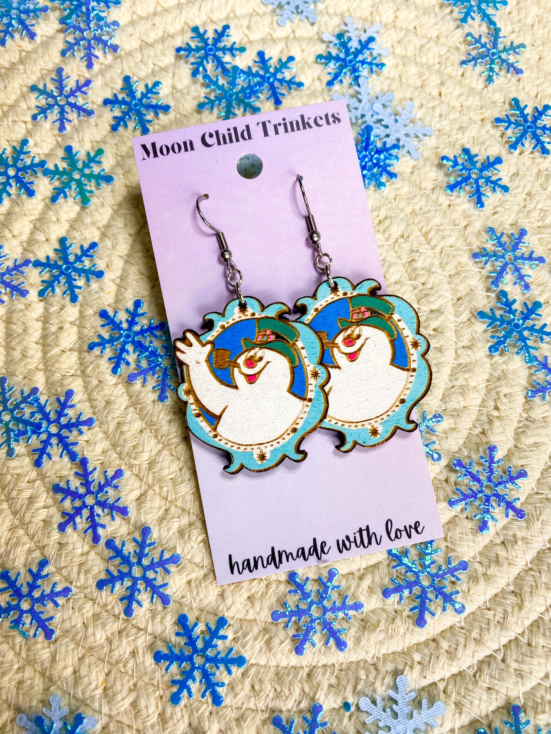 Frosty The Snowman Hand Painted Wooden Drop Earrings image 4