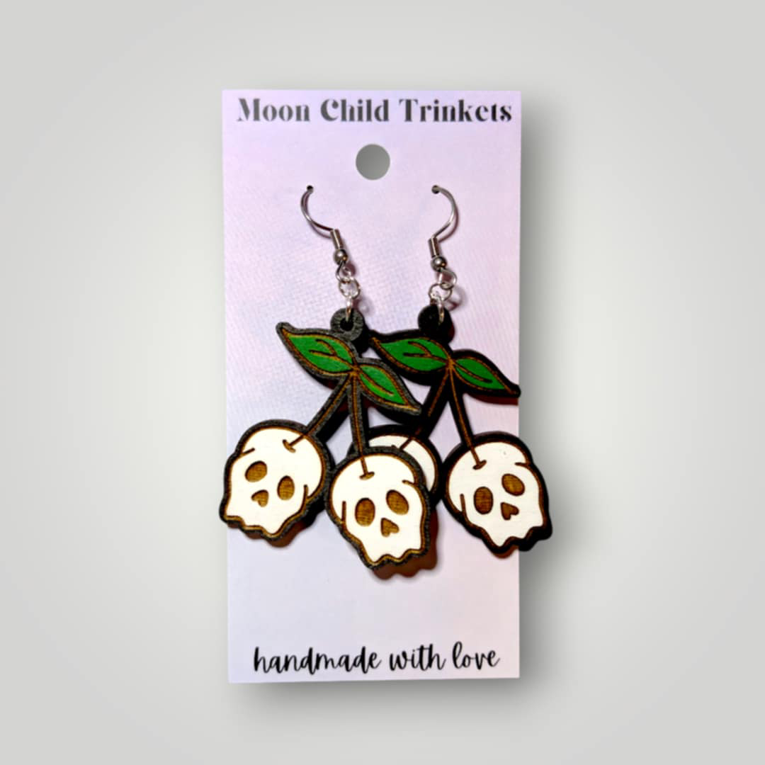 Skull Cherry Earrings – Hand-Painted Halloween Statement Jewelry