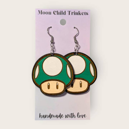 Super Mario Bros 1-UP Green Mushroom Power Up Hand Painted Wood Dangle Earrings