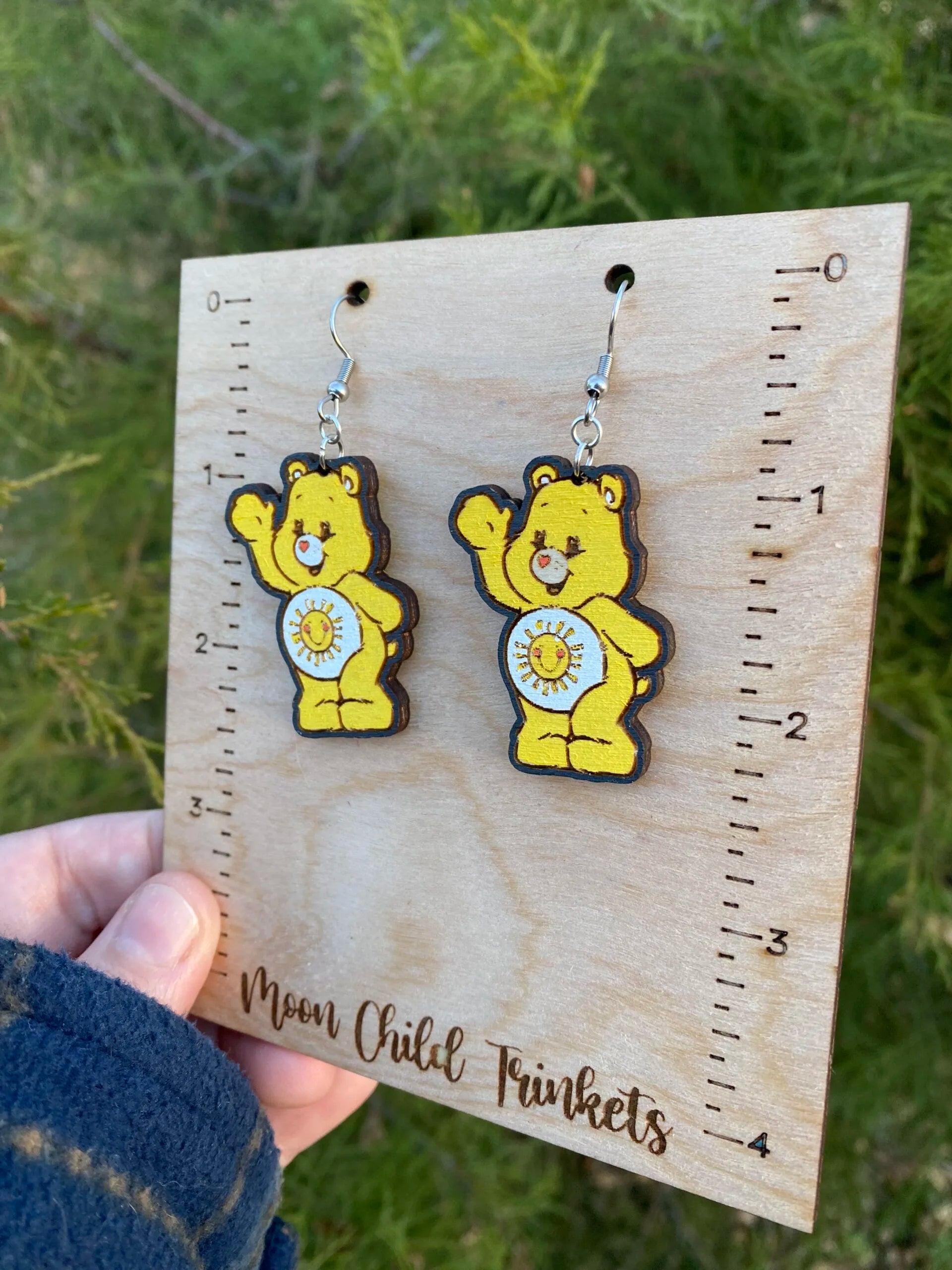Care Bears Sunshine Bear Hand Painted Wood Dangle Earrings image 1