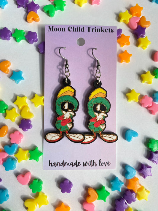 Marvin The Martian Hand Painted Wood Earrings image 0