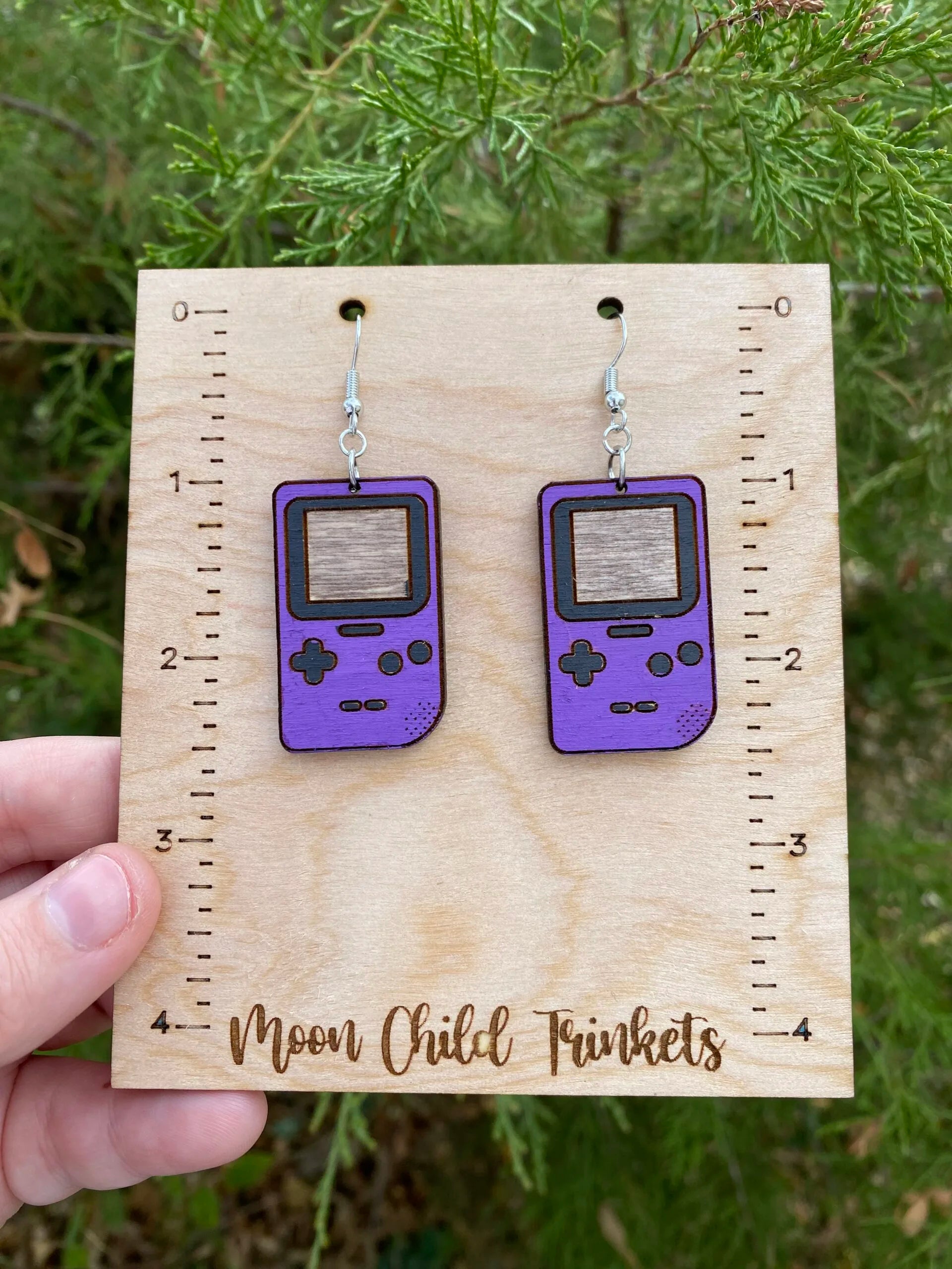 Gameboy Hand Painted Wood Dangle Earrings - Purple image