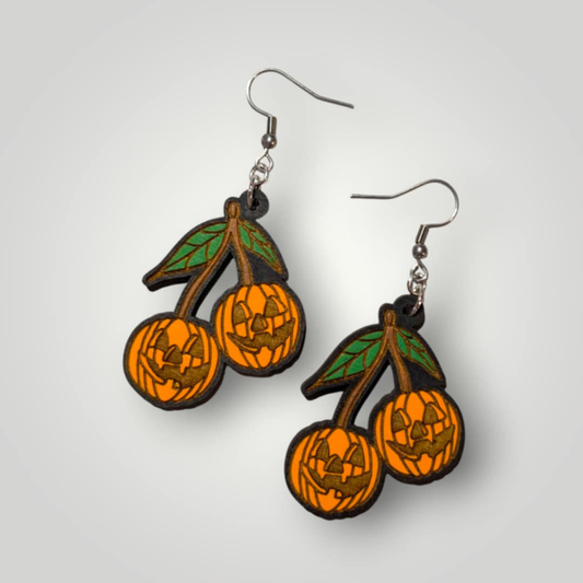 Jack O Lantern Cherry Earrings – Hand-Painted Halloween Statement Jewelry