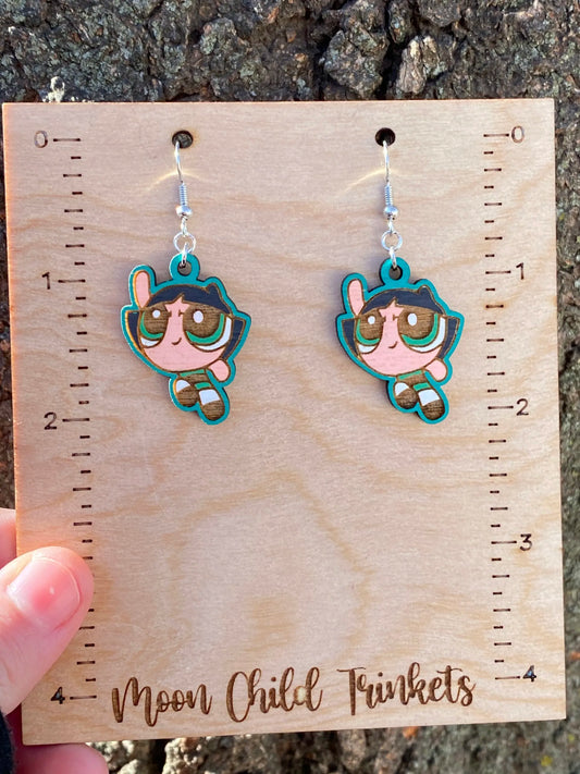 Powerpuff Girls Buttercup Hand Painted Wood Dangle Earrings image 2