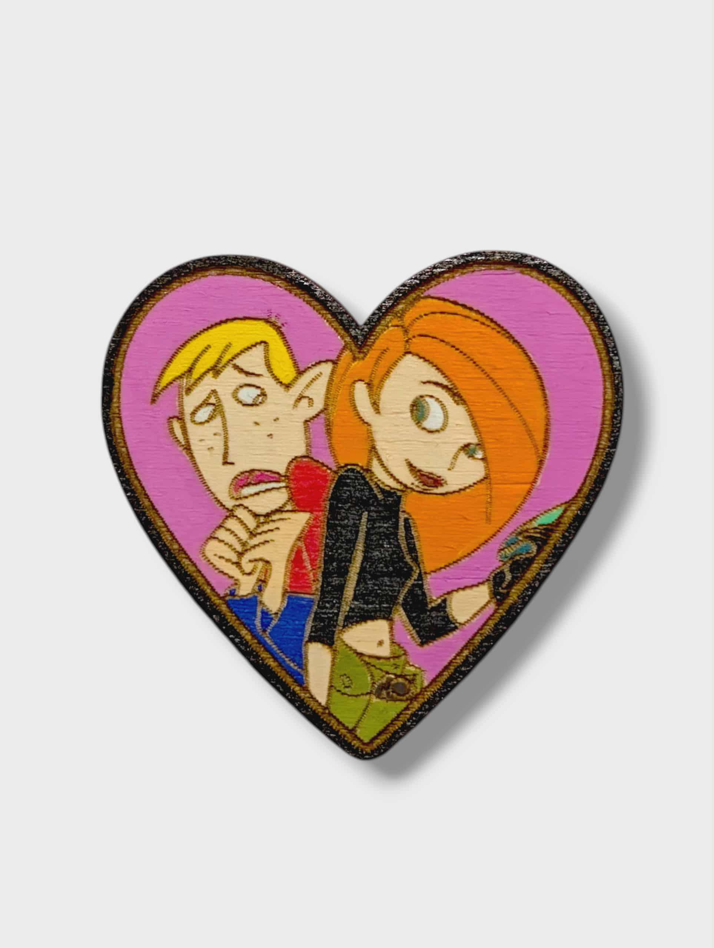 Kim Possible & Ron Stoppable Heart Bar Back Brooch - Hand Painted Wood Pin