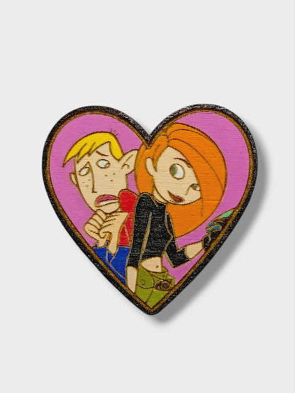 Kim Possible & Ron Stoppable Heart Bar Back Brooch - Hand Painted Wood Pin