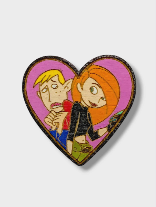 Kim Possible & Ron Stoppable Heart Bar Back Brooch - Hand Painted Wood Pin